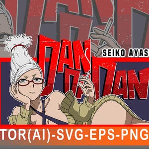 Puede incluir: Ilustración de una mujer con cabello blanco, gafas y un cigarrillo, con el texto "DAN DAN" en rojo. La imagen también incluye el texto "SEIKO AYASE" y "VECTOR(AI)-SVG-EPS-PNG-JPG". La mujer lleva un suéter verde.