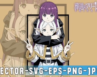 Könnte beinhalten: Anime-Illustration mit zwei weiblichen Charakteren. Einer mit lila Haaren befindet sich auf dem anderen mit weißen Haaren und spitzen Ohren. Beide machen Friedenszeichen. Der Hintergrund ist beige mit dem Text "VECTOR-SVG-EPS-PNG-JPG".