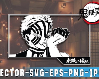 Puede incluir: Ilustración en blanco y negro de un personaje de la serie de anime Demon Slayer. El personaje tiene marcas de rayas distintivas y está enmarcado por un borde negro. La imagen incluye texto japonés y las palabras "VECTOR-SVG-EPS-PNG-JPG".