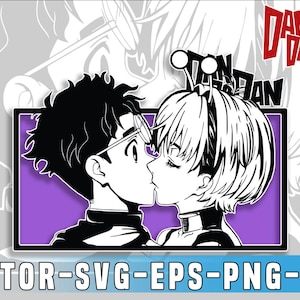 May include: A black and white anime-style illustration of a couple kissing, set against a purple background. The image includes the text "DAN DA DAN" in red and black, and "VECTOR-SVG-EPS-PNG-JPG" in a blue banner.