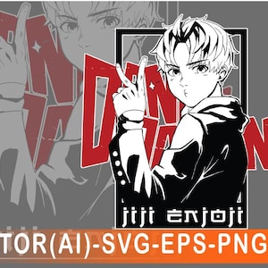 May include: Monochrome anime-style illustration of a person giving a peace sign. The image features the text "DAN DAN" in red, with the words "jiji enjoji" underneath. The background is grey, with the words "VECTOR(AI)-SVG-EPS-PNG-JPG" at the bottom.