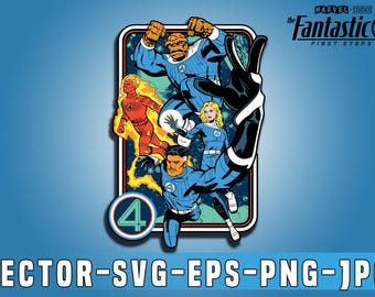 以下が含まれることがあります： ファンタスティック・フォーのコミックキャラクターのグラフィック。画像には、ザ・シング、ヒューマン・トーチ、インビジブル・ウーマン、ミスター・ファンタスティックがアクションポーズで登場。画像は青色の背景で、「VECTOR-SVG-EPS-PNG-JPG」の文字が入っています。