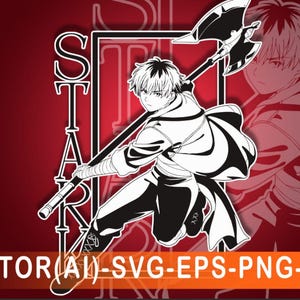 Puede incluir: Ilustración de estilo anime en blanco y negro de un personaje empuñando una gran hacha, sobre un fondo degradado rojo. La palabra "STARK" se muestra verticalmente. La parte inferior de la imagen tiene el texto "VECTOR(AI)-SVG-EPS-PNG-JPG".
