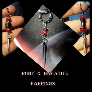 Men Earring Ruby & Hematite stones, Dangle Hoop/ clip on + Spike charm, black or silver, mono single unisex Handmade earring men gift