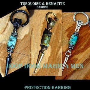 Men Earring African turquoise & Hematite stone, Dangle Hoop/ clip on + Spike charm, pirate unisex Handmade earring men gift