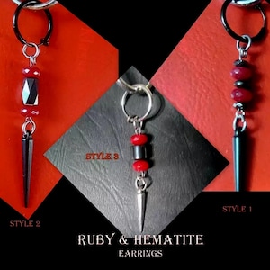 May include: Three styles of earrings featuring ruby and hematite beads with silver accents. The earrings are on a red background with the text "Style 1", "Style 2", and "Style 3" below each earring. The text "Ruby & Hematite Earrings" is at the bottom of the image.