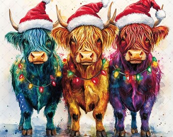 Highland Cows Christmas Clipart,Farm Clipart, Junk Journaling,Holiday Clipart, Christmas Clipart, Watercolor Clipart