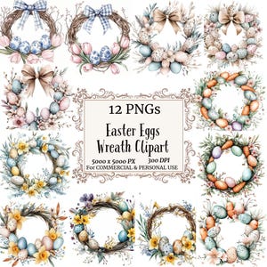 Whimsical Easter Wreath Clipart Bundle, Easter Clipart, Floral Easter Watercolor Clipart PNG, Junk Journaling, Scrapbook, Card Making