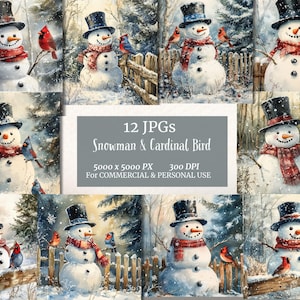Christmas Snowman with Cardinal Bird Bundle, Holiday Snowman JPG, 300 DPI 12 JPEGs High Quality Digital Art Clipart Christmas Watercolor