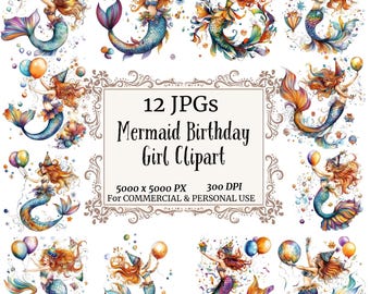 Mermaid Clipart, Mermaid Birthday Invite Clipart,Birthday Clipart, Printable Watercolor, Papercraft,Clipart Pack,Digital Clipart
