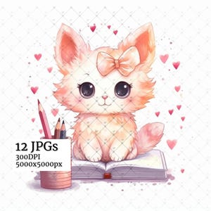 Cute Cat with Book ClipartCat lover Whimsical Animal Junk Journaling ,Printable Watercolor Clipart,Quirky Clipart,Cat Clipart Bundle