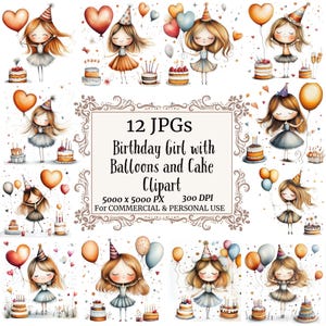 Birthday Clipart, Printable Watercolor, Papercraft, Clipart Pack, Junk Journal,Birthday Girl with Balloons Clipart, Birthday Invite Clipart,
