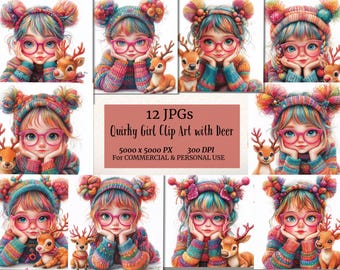 Quirky Girl Clip Art with Deer Cute Whimsical Girl, 300 DPI 12 JPEGs Whimsical Clipart,Mixed Media Clipart