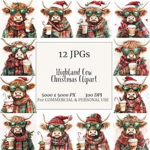 digital crafting, clip art, digital clipart, clipart pack, scrapbook images, watercolor clipart, clipart bundle, highland cow, highland cow clipart, cute highland cow, christmas cow, christmas clipart, xmas highland cow