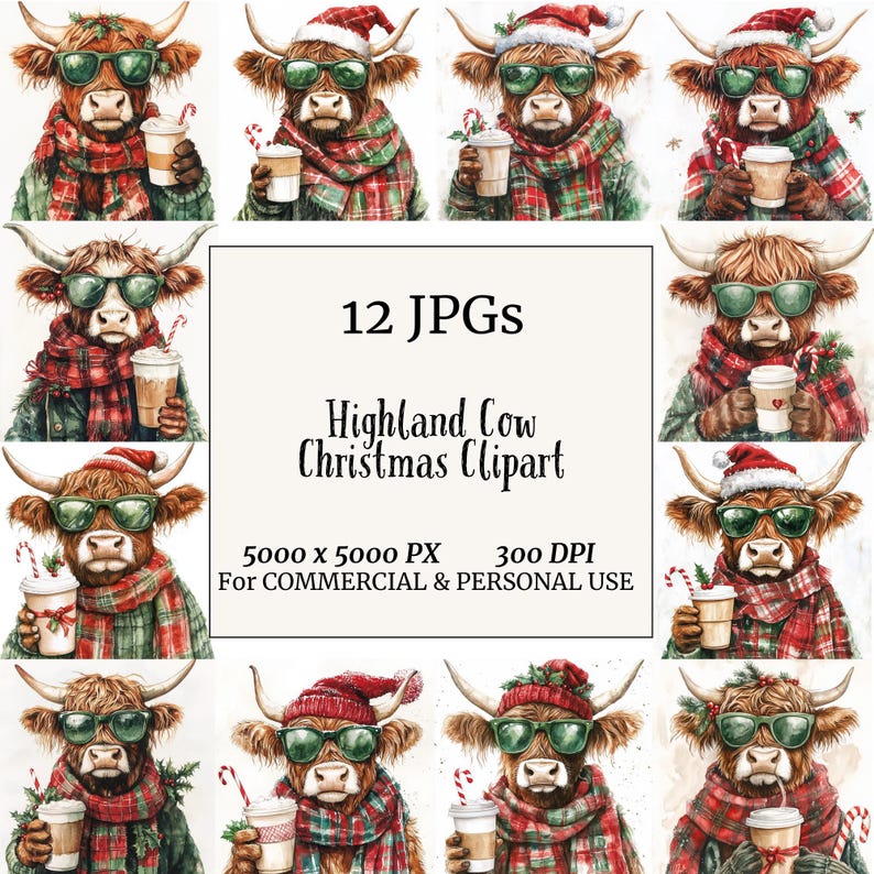 digital crafting, clip art, digital clipart, clipart pack, scrapbook images, watercolor clipart, clipart bundle, highland cow, highland cow clipart, cute highland cow, christmas cow, christmas clipart, xmas highland cow