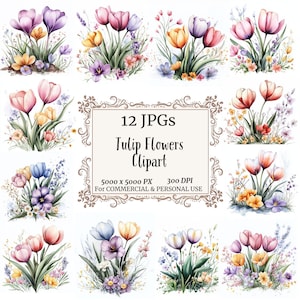 Tulip Clipart Bundle Watercolor Wildflower and Floral Art, Botanical Clipart,Floral Printable, Watercolor Flowers & Tulip Print,Junk Journal