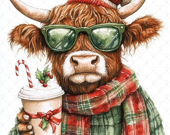 Highland Cow Christmas JPEG Clipart,Farm Clipart, Printable Watercolor clipart, High Quality JPG Watercolor Clipart JPG, Junk Journaling