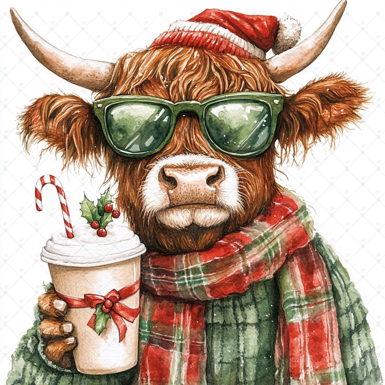 digital crafting, clip art, digital clipart, clipart pack, scrapbook images, watercolor clipart, clipart bundle, highland cow, highland cow clipart, cute highland cow, christmas cow, christmas clipart, xmas highland cow