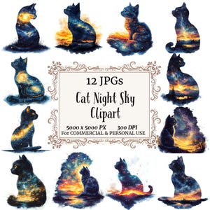 Cat Night Sky Clipart JPEG Quirky Cat Clipart, Printable Watercolor Clipart,Cat Clipart  Whimsical Animal Junk Journaling