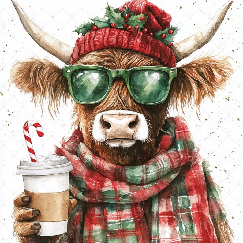 digital crafting, clip art, digital clipart, clipart pack, scrapbook images, watercolor clipart, clipart bundle, highland cow, highland cow clipart, cute highland cow, christmas cow, christmas clipart, xmas highland cow