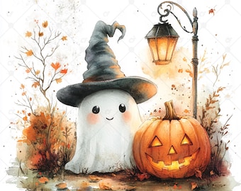 Cute Ghost JPG, Halloween Ghost  Watercolor Ghost , Spooky Ghost Cute spooky ghost Clipart Ghost JPG Kwaii Ghost