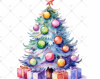 Colorful Christmas Tree  PNG Watercolor Christmas Tree Art, Christmas Tree Clipart,Christmas Tree Art,Waterclolor Clipart