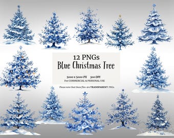 12PNGs Blue Christmas Tree, Watercolor Blue Christmas Tree PNG, Blue Christmas Tree Clipart, Christmas Trees, Nordic Christmas Tree, 300 DPI
