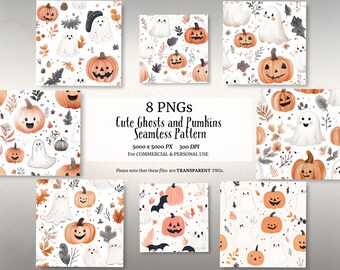 8 PNGs Cute Ghost and Pumpkin Seamless Pattnern , Halloween pattern, Cute Pumpkin
