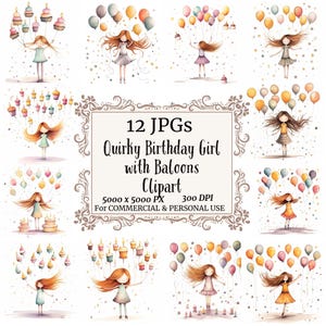 Quirky Birthday Girl with Baloons Clipart, Birthday Invite Clipart,Birthday Clipart, Printable Watercolor, Papercraft, Clipart Pack