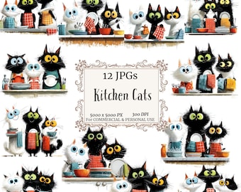 Quirky Kitchen Cats Clipart,Cartoon Funny Cats,Photo of Cats,Watercolor Clipart, Junk Journals, Handmade Cards,Funny Cats