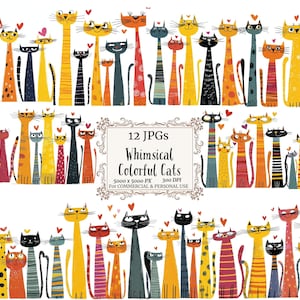 Whimsical Cats Clipart JPG Bundle Watercolor Cat Art for Junk Journal, Handmade Cards ,Cute Cat Print, Clipart for Cat Lovers, Colorful Cats