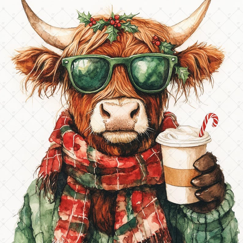 digital crafting, clip art, digital clipart, clipart pack, scrapbook images, watercolor clipart, clipart bundle, highland cow, highland cow clipart, cute highland cow, christmas cow, christmas clipart, xmas highland cow