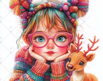 Quirky Girl with Deer Clip Art Bundle Cute Whimsical Girl 300 DPI 12 JPEGs Digital Art Clipart Whimsical Christmas Clipart