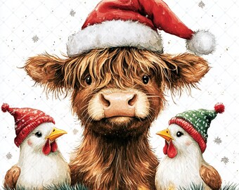 Highland Cow with Chickens Christmas Clipart,Farm Clipart, High Quality JPG Watercolor Clipart JPG, Junk Journaling,Holiday Clipart