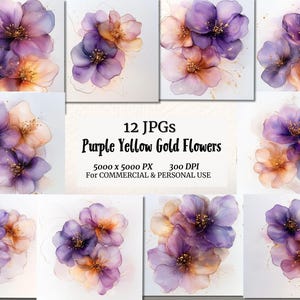 12 JPEGs Purple Yellow Gold Colors Clipart Bundle Watercolor Flower Clipart JPG Junk Journaling, Scrapbook Card Making Digital Download