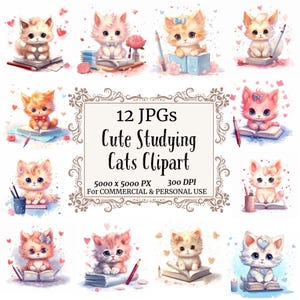 Cute Cat with Book ClipartCat lover Whimsical Animal Junk Journaling ,Printable Watercolor Clipart,Quirky Clipart,Cat Clipart Bundle