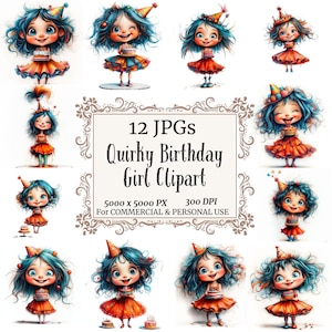 Quirky Birthday Girl Clipart, Birthday Invite Clipart,Birthday Clipart, Printable Watercolor, High-Quality JPGs, Papercraft, Clipart Pack
