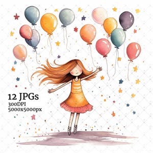 Quirky Birthday Girl with Baloons Clipart, Birthday Invite Clipart,Birthday Clipart, Printable Watercolor, Papercraft, Clipart Pack