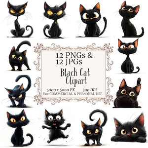 12 PNGs Black Cat Clipart Quirky Cat Clipart, Printable Watercolor Clipart,Cat Clipart ,Junk Journaling
