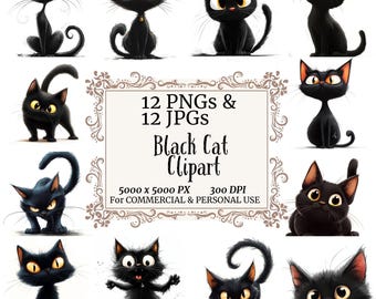 12 PNGs Black Cat Clipart Quirky Cat Clipart, Printable Watercolor Clipart,Cat Clipart ,Junk Journaling