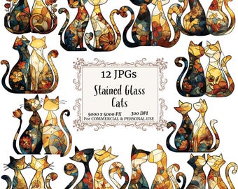 Stained Glass Clipart Bundle,Quirk Cats Clipart,Cartoon Funny Cats,Photo of Cats,Watercolor Clipart,Junk Journals, Handmade Cards,Funny Cats