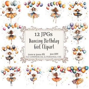 Birthday Girl with Balloons Clipart, Birthday Invite Clipart,Birthday Clipart, Printable Watercolor, Papercraft, Clipart Pack, Junk Journal