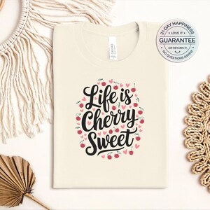 Life Is Cherry Sweet T-Shirt, Cute Cherries & Hearts Graphic Tee, Fun Motivational Casual Shirt for Trendy Style