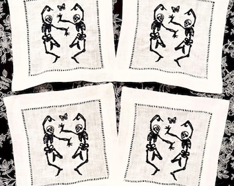 Dancing Skeletons Hemstitch Cocktail Napkins, Halloween Bar Cart Decor, Chic Halloween Decor, Halloween Hostess Gift, Halloween Party Napkin