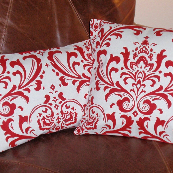 CHRISTMAS Throw Pillow Covers, Lovely Handmade Red & White Damask Cushion Covers, Elegant Red Damask Accent Throw Pillow Covers, SET of 2