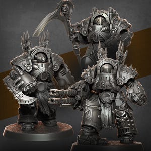 May include: Three detailed, metallic gray figures of heavily armored warriors. Each figure is adorned with spikes, skulls, and intricate mechanical details. One figure wields a large scythe, another a multi-barreled weapon, and the third a large, bladed gauntlet.