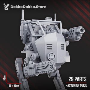 May include: A grey, 3D-printed model of a bipedal mech with a cockpit and mounted weapons. The model is 9.6cm tall and 5.5 x 8.5cm wide. The image includes the text "29 PARTS + ASSEMBLY GUIDE" and the store logo "DakkaDakka.Store".