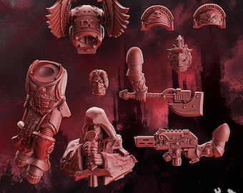 May include: A set of 3D printed miniature figures for a tabletop game. The figures are red and feature a variety of weapons and armor. The figures include a hooded figure with a sword, a figure with a gun, and a figure with an axe.