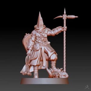 May include: A 3D-printed figurine of a medieval executioner, standing on a base. The figure is clad in a hooded robe, holding a whip and a polearm. The executioner's boots rest on a decorative base with a skull design. The figurine is a light brown color.