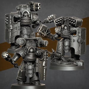 May include: A collection of detailed, gray miniature war machines, each with unique weaponry and armor. The models feature cannons, missile launchers, shields, and melee weapons, showcasing intricate mechanical designs and battle-ready poses. These figures are likely for tabletop gaming or collecting.